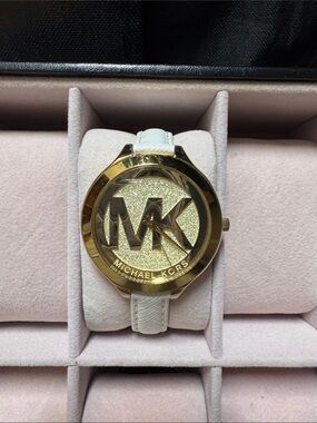 Michael Kors Gold-Tone MK Logo Watch with White Strap